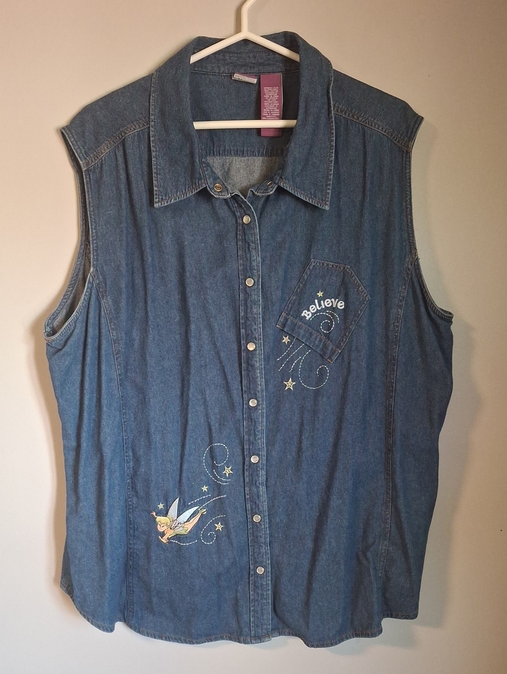 Vintage Disney Tinkerbell Sleeveless Denim Shirt Pearl Snaps Believe Top Plus 4X